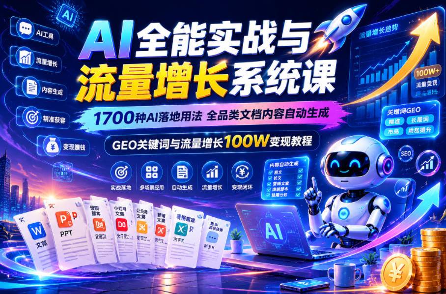 AI全能实战与流量增长系统课，1700种AI落地用法，全品类文档内容自动生成，GEO关键词与流量增长100W变现教程-小二项目网