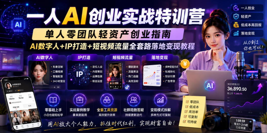 一人AI创业实战特训营，单人零团队轻资产创业指南，AI数字人+IP打造+短视频流量全套路落地变现教程-小二项目网