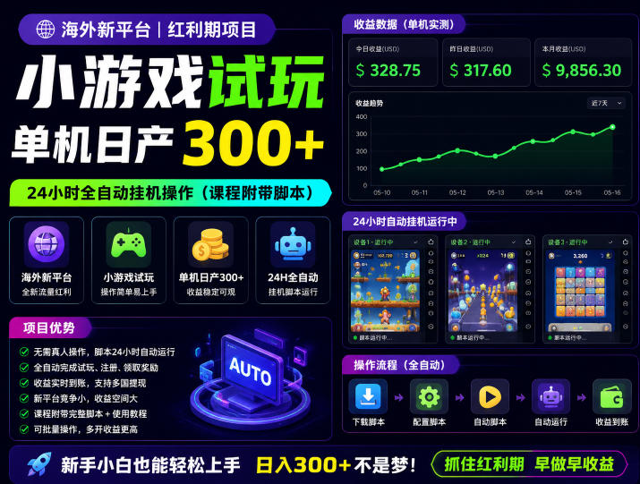 海外新平台，小游戏试玩，单机日产300+，24小时全自动挂G操作（课程附带脚本）【揭秘】-小二项目网