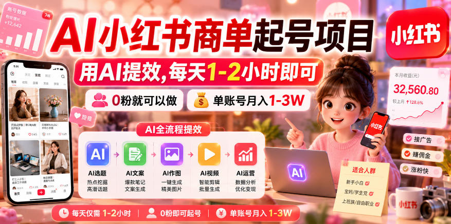 AI小红书商单起号项目，用AI提效,每天1-2小时即可，0粉就可以做，单账号月入1-3W-小二项目网