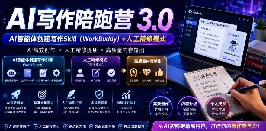 AI写作陪跑营3.0，Ai智能体创建写作skill（workbuddy）+人工手写模式（手搓模式），去除AI痕迹（头条号、公众号、百家号）-小二项目网