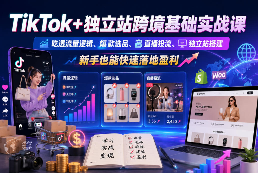 TikTok+独立站跨境基础实战课，吃透流量逻辑、爆款选品、直播投流与独立站搭建，新手也能快速落地盈利-小二项目网