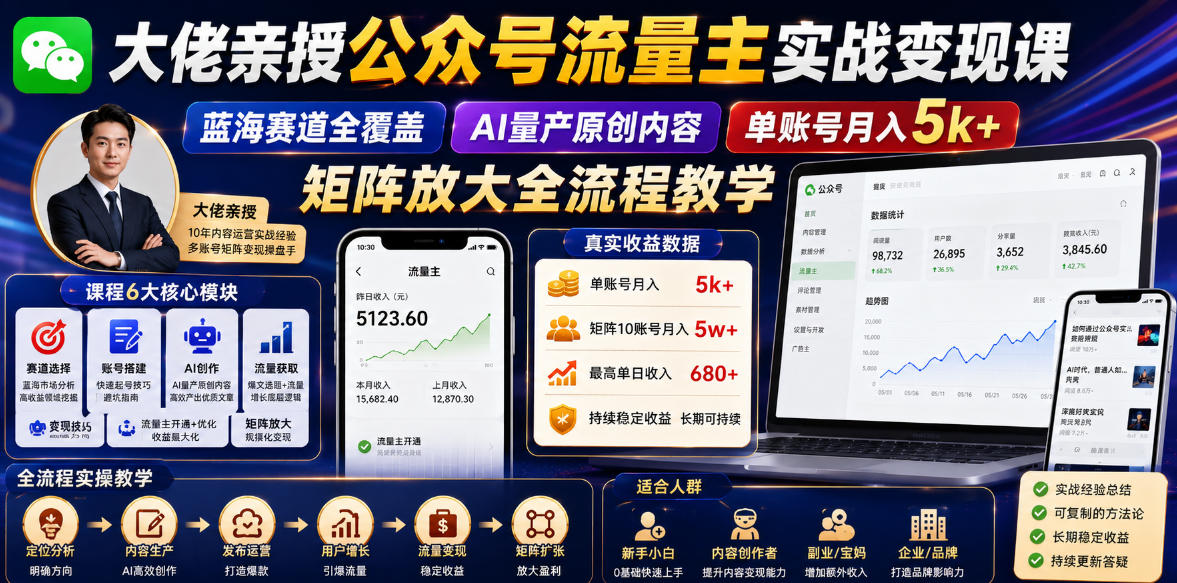 大佬亲授公众号流量主实战变现课，蓝海赛道全覆盖，AI量产原创内容，单账号月入5k+矩阵放大全流程教学-小二项目网