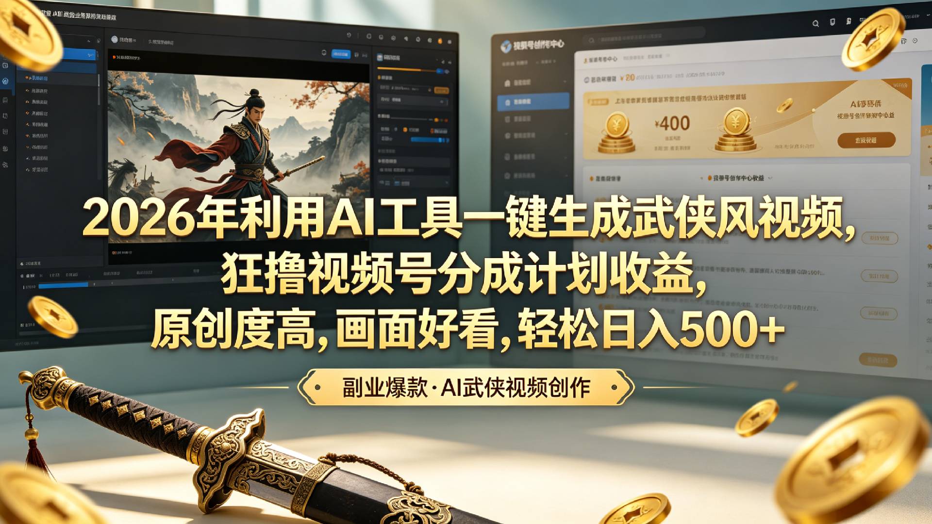 2026年利用AI工具一键生成武侠风视频,狂撸视频号分成计划收益,原创度高,画面好看,轻松日入500+-小二项目网