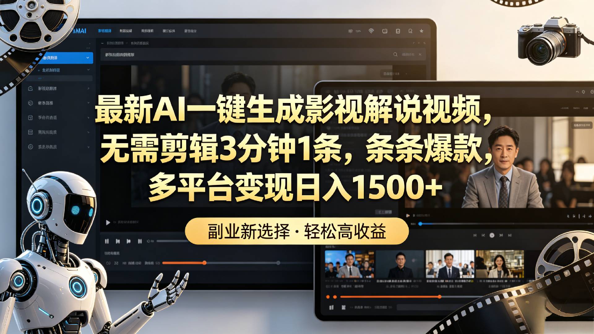 最新AI一键生成影视解说视频，无需剪辑3分钟1条，条条爆款，多平台变现日入1500+-小二项目网