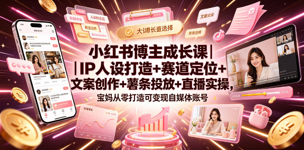 小红书博主成长课｜IP人设打造+赛道定位+文案创作+薯条投放+直播实操，宝妈从零打造可变现自媒体账号-小二项目网