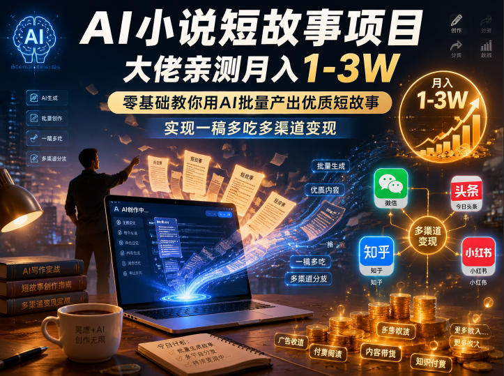 AI小说短故事项目，大佬亲测月入1-3W，零基础教你用AI批量产出优质短故事，实现一稿多吃多渠道变现-小二项目网