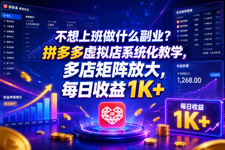 不想上班做什么副业？拼多多虚拟店系统化教学，多店矩阵放大，每日收益1K+【揭秘】-小二项目网