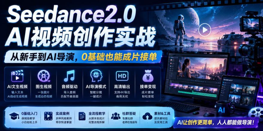 Seedance2.0 AI视频创作实战，从新手到AI导演，0基础也能成片接单变现-小二项目网