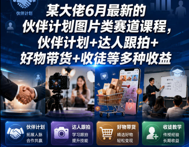 某大佬6月最新的伙伴计划图片类赛道课程，伙伴计划+达人跟拍+好物带货+收徒等多种收益-小二项目网