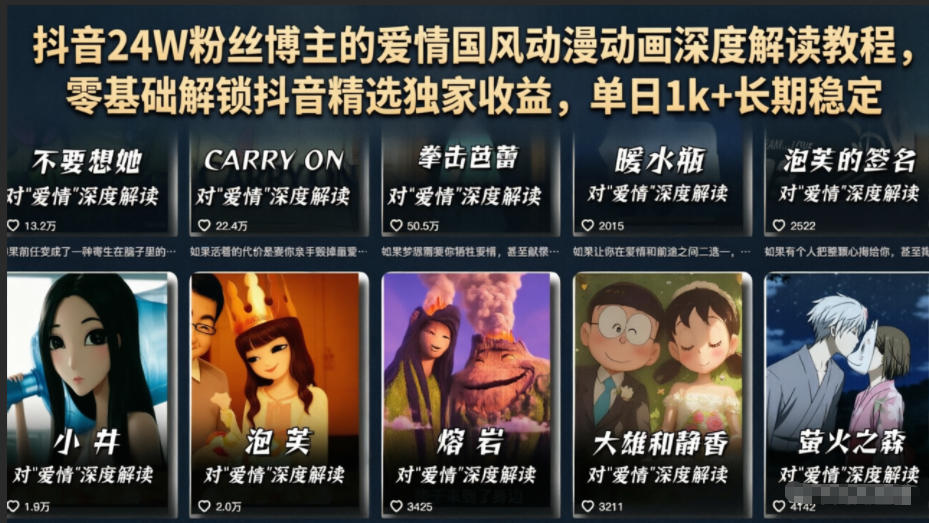 抖音24W粉丝博主的爱情国风动漫动画深度解读教程，零基础解锁抖音精选独家收益，单日1k+长期稳定-小二项目网