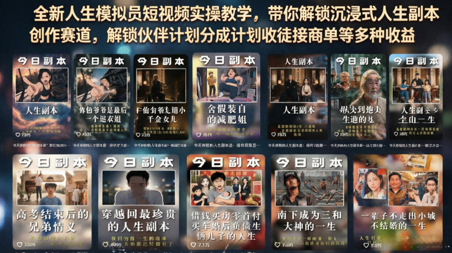 全新人生模拟员短视频实操教学，带你解锁沉浸式人生副本创作赛道，解锁伙伴计划分成计划收徒接商单等多种收益-小二项目网