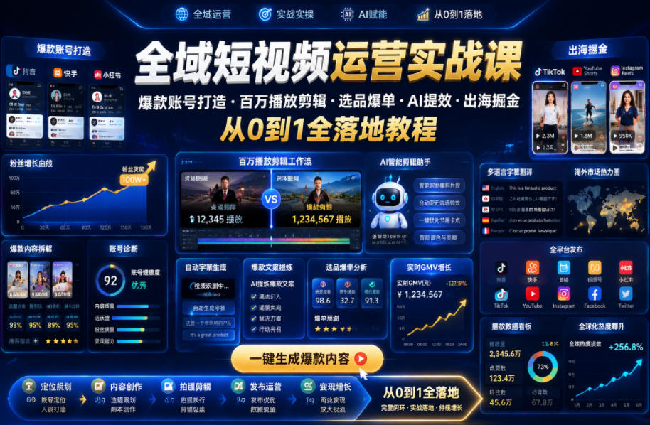 全域短视频运营实战课，爆款账号打造・百万播放剪辑・选品爆单・AI提效・出海掘金，从0到1全落地教程-小二项目网