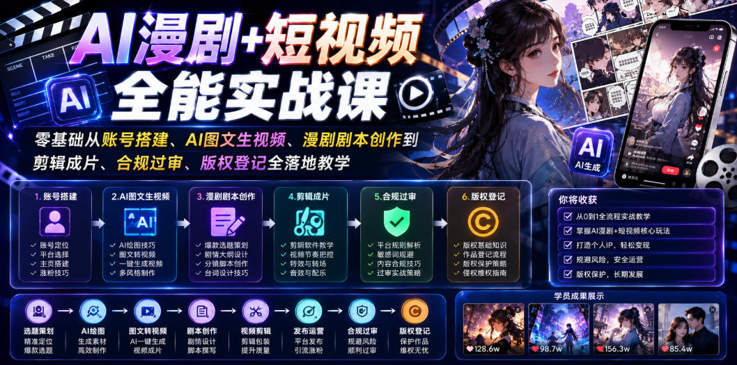 AI漫剧+短视频全能实战课｜零基础从账号搭建、AI图文生视频、漫剧剧本创作到剪辑成片、合规过审、版权登记全落地教学-小二项目网