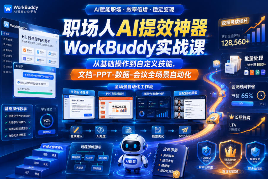 职场人AI提效神器WorkBuddy实战课，从基础操作到自定义技能，文档-PPT-数据-会议全场景自动化-小二项目网