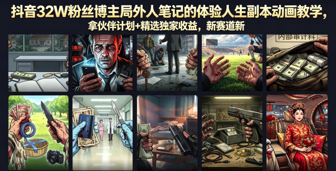 抖音32W粉丝博主局外人笔记的体验人生副本动画教学，拿伙伴计划+精选独家收益，新赛道新涨粉快【录制版】-小二项目网