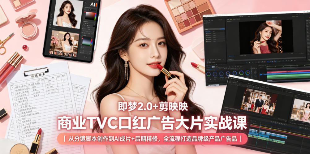 即梦2.0+剪映商业TVC口红广告大片实战课｜从分镜脚本创作到AI成片+后期精修，全流程打造品牌级产品广告-小二项目网