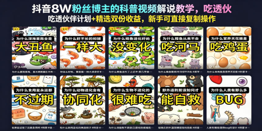 抖音8W粉丝博主的科普视频解说教学，吃透伙伴计划+精选双份收益，新手可直接复制操作-小二项目网