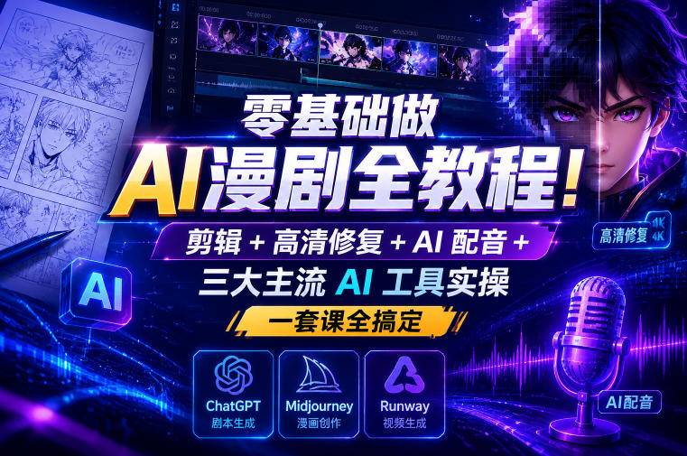 零基础做AI漫剧全教程！剪辑+高清修复+AI配音+三大主流AI工具实操，一套课全搞定-小二项目网