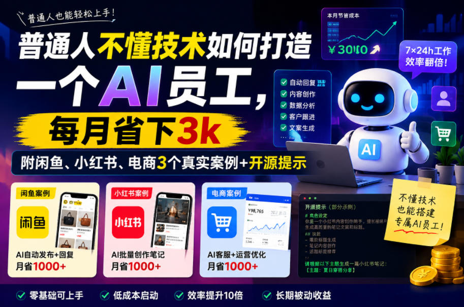 普通人不懂技术如何打造一个AI员工，每月省下3k，附闲鱼、小红书、电商3个真实案例+开源提示【文档】-小二项目网