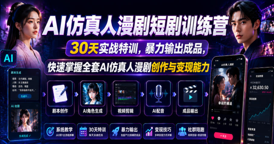 AI仿真人漫剧短剧训练营，30天实战特训，暴力输出成品，快速掌握全套AI仿真人漫剧创作与变现能力-小二项目网