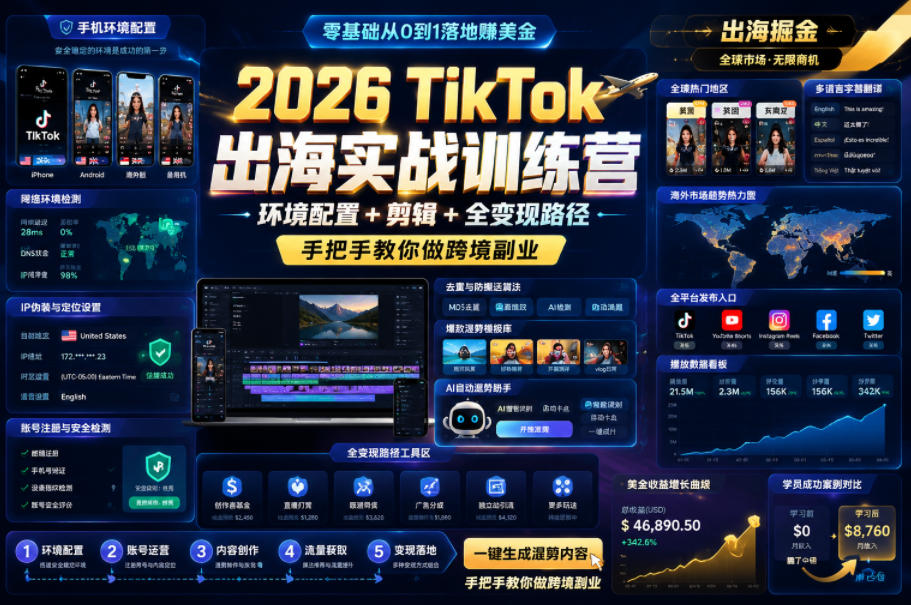 2026 TikTok出海实战训练营，环境配置 + 剪辑 + 全变现路径，手把手教你做跨境副业-小二项目网