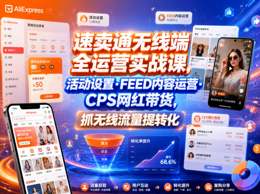 速卖通无线端全运营实战课，活动设置・FEED内容运营・CPS网红带货，抓无线流量提转化-小二项目网