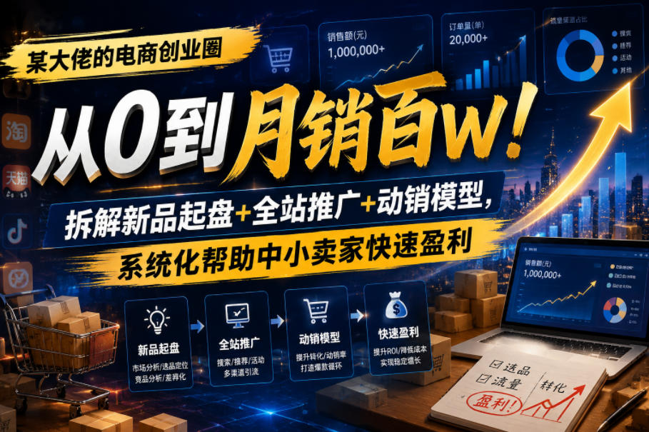 某大佬的电商创业圈从0到月销百W！拆解新品起盘+全站推广+动销模型，系统化帮助中小卖家快速盈利-小二项目网