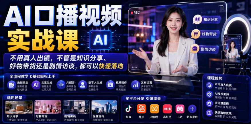 AI口播视频实战课，不用真人出镜，不管是知识分享、好物带货还是剧情访谈，都可以快速落地-小二项目网