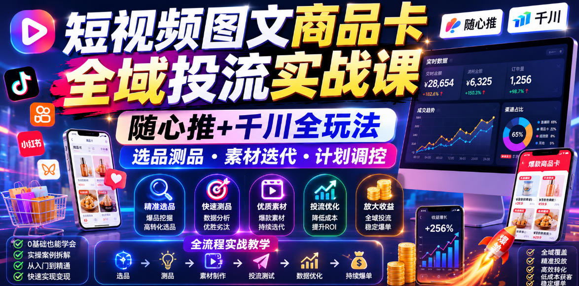 短视频图文商品卡全域投流实战课，随心推+千川全玩法，选品测品・素材迭代・计划调控，提升ROI爆单增收教程-小二项目网