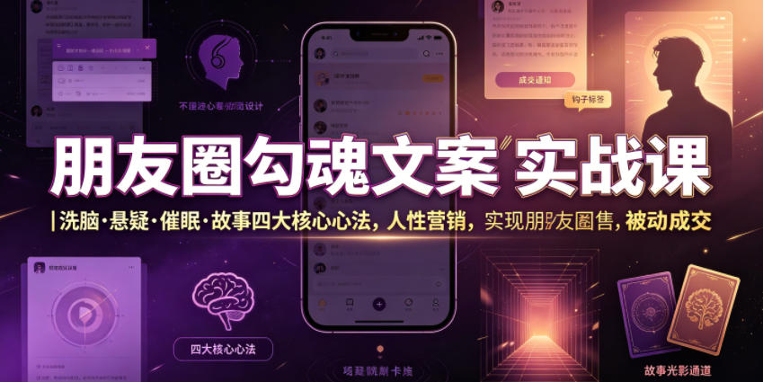 朋友圈勾魂文案实战课｜洗脑·悬疑·催眠·故事四大核心心法，吃透人性营销，实现朋友圈不销而售被动成交-小二项目网