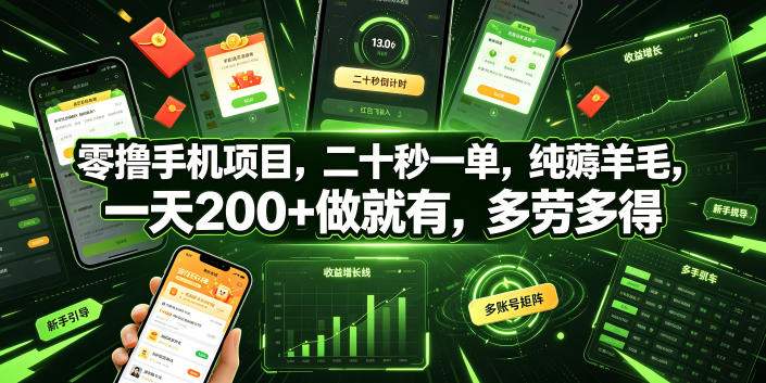 零撸手机项目，二十秒一单，纯薅羊毛，一天200+做就有，多劳多得【揭秘】-小二项目网