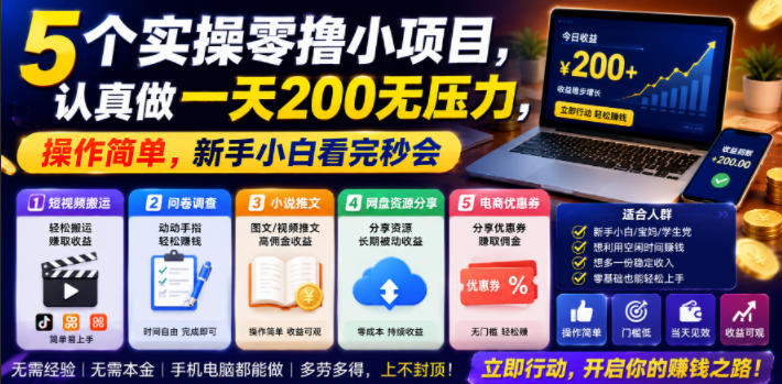 5个实操零撸小项目，认真做一天200无压力，操作简单，新手小白看完秒会【揭秘】-小二项目网