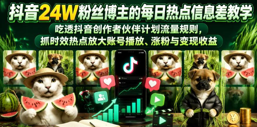 抖音24W粉丝博主的每日热点信息差教学，吃透创作者伙伴计划流量规则，抓时效热点放大账号播放、涨粉与变现收益-小二项目网