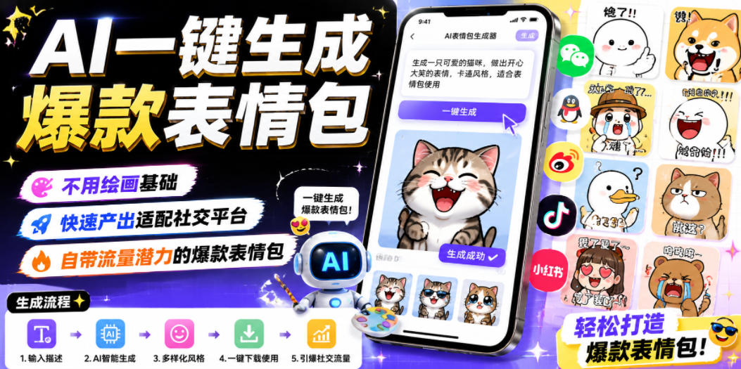 AI一键生成爆款表情包，不用绘画基础，快速产出适配社交平台，自带流量潜力的爆款表情包-小二项目网