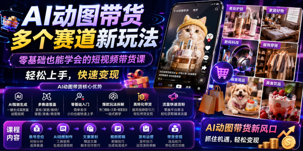 AI动图带货多个赛道新玩法，零基础也能学会的短视频带货课，轻松上手，快速变现-小二项目网