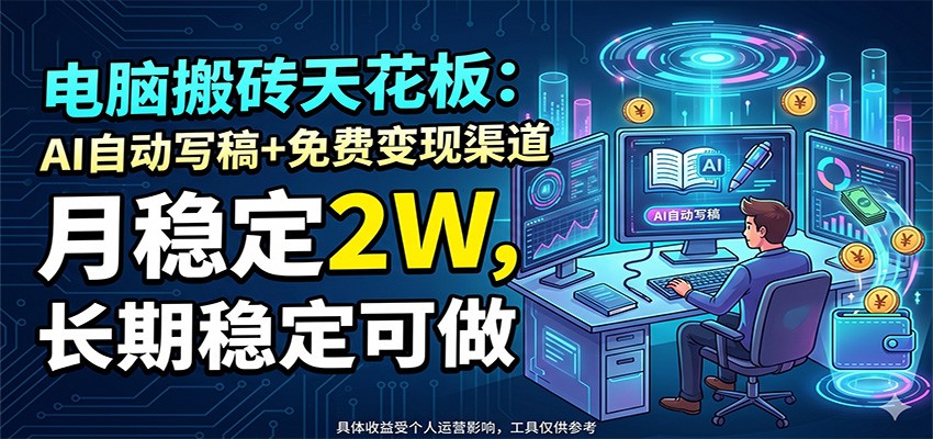 电脑搬砖天花板：AI自动写稿+免费变现渠道，月稳定2W，长期稳定可做-小二项目网