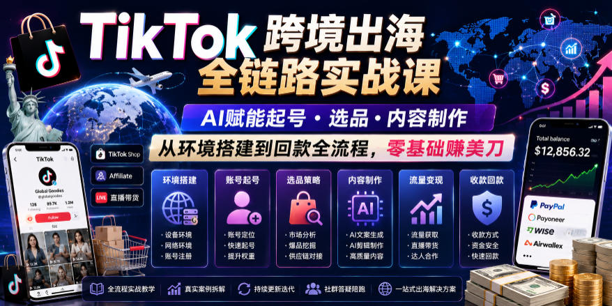 TikTok跨境出海全链路实战课，AI赋能起号・选品・内容制作，从环境搭建到回款全流程，零基础賺美刀-小二项目网