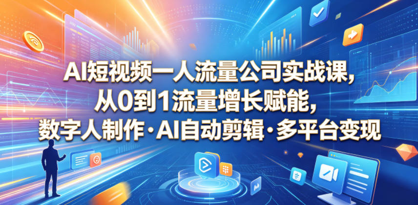 AI短视频一人流量公司实战课，从0到1流量增长赋能，数字人制作・AI自动剪辑・多平台变现，一人做流量生意全落地教程-小二项目网