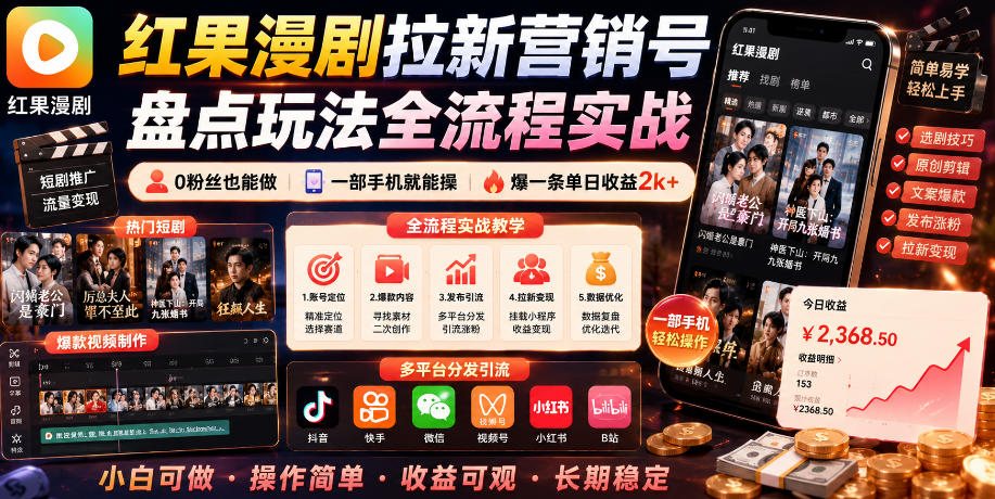 红果漫剧拉新营销号盘点玩法全流程实战，0粉丝也能做，一部手机就能做，爆一条单日收益2k+-小二项目网