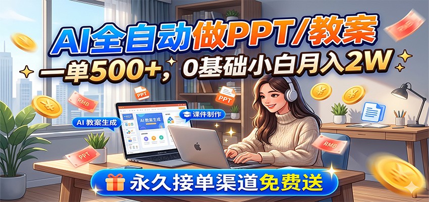 AI全自动做PPT/教案，一单500+，0基础小白月入2W，永久接单渠道免费送-小二项目网