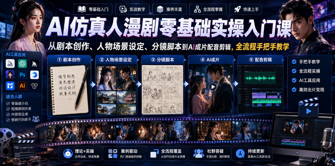 AI仿真人漫剧零基础实操入门课，从剧本创作、人物场景设定、分镜脚本到AI成片配音剪辑，全流程手把手教学-小二项目网