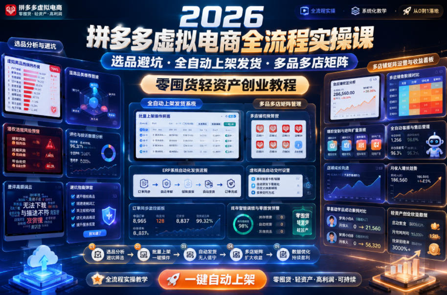 2026拼多多虚拟电商全流程实操课，选品避坑・全自动上架发货・多品多店矩阵，零囤货轻资产创业教程-小二项目网
