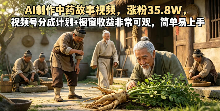 AI制作中药故事视频，涨粉35.8W，视频号分成计划+橱窗收益非常可观，简单易上手-小二项目网
