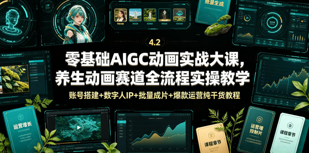 零基础AIGC动画实战大课，养生动画赛道全流程实操教学，账号搭建+数字人IP+批量成片+爆款运营纯干货教程-小二项目网