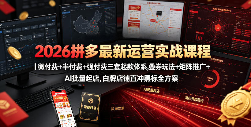 2026拼多多最新运营实战课程｜微付费+半付费+强付费三套起款体系，叠券玩法+矩阵推广+AI批量起店，白牌店铺直冲黑标全方案-小二项目网