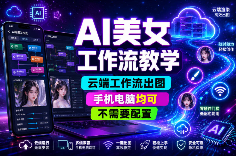 AI美女工作流教学，云端工作流出图，手机电脑均可，不需要配置，快速起号涨粉-小二项目网