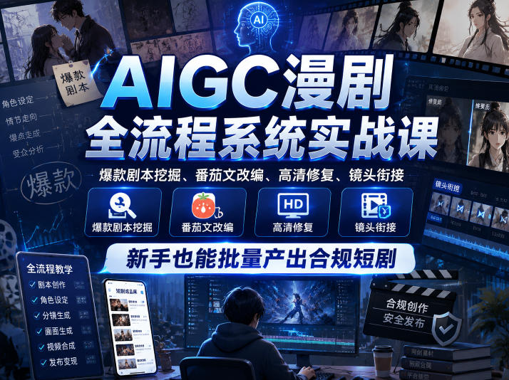 AIGC漫剧全流程系统实战课，爆款剧本挖掘、番茄文改编、高清修复、镜头衔接，新手也能批量产出合规短剧-小二项目网