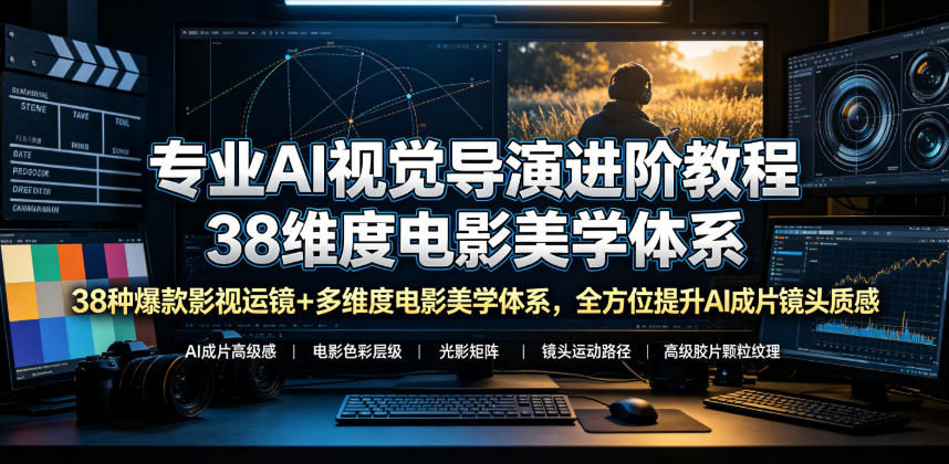 专业AI视觉导演进阶教程，38种爆款影视运镜+多维度电影美学体系，全方位提升AI成片高级感与镜头质感-小二项目网