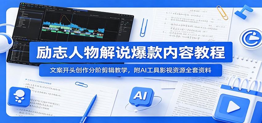 励志人物解说爆款内容教程：文案开头创作分阶剪辑教学，附AI 工具影视资源全套资料-小二项目网